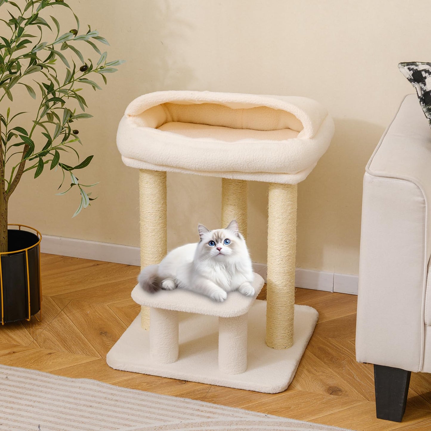 Cat Tree, 61cm Comfy Plush Top Perch Bed, Sisal Scratching Posts