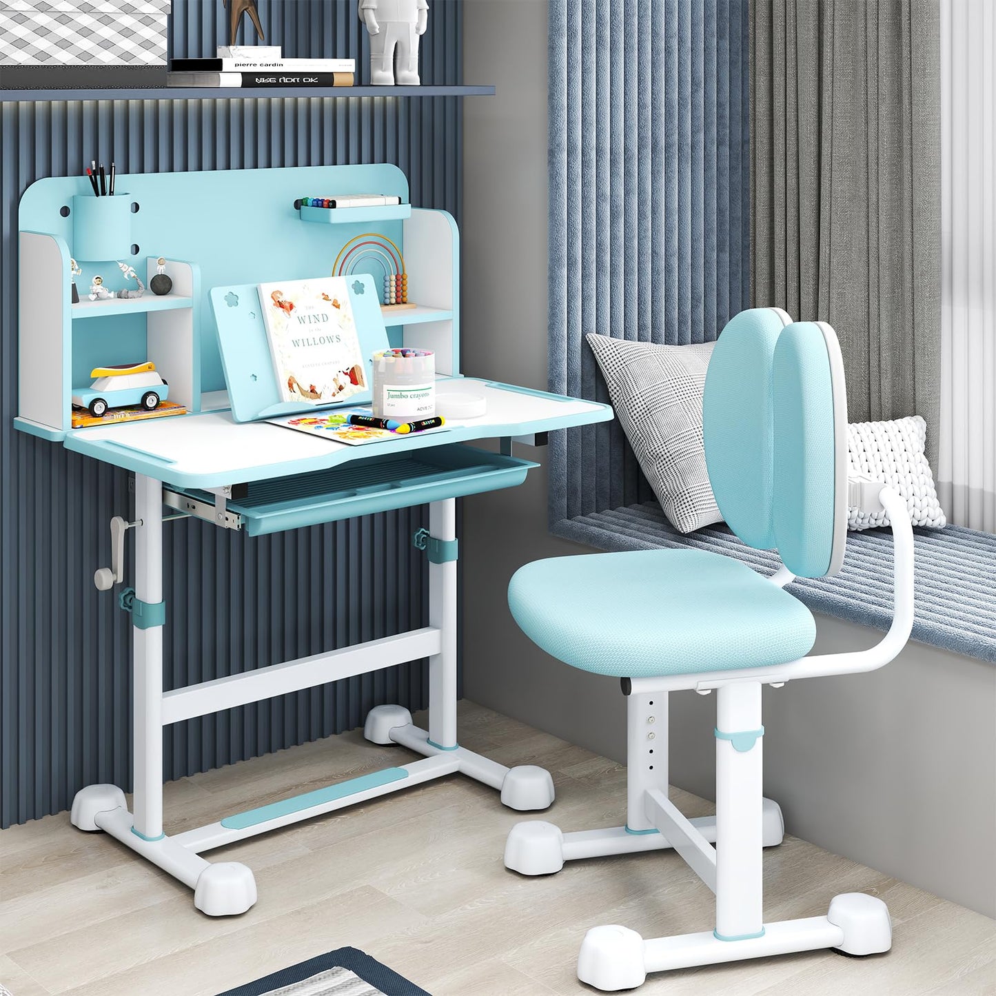 Kid's Study Desk and Chair Set with Tilt Desktop and Footrest Bar