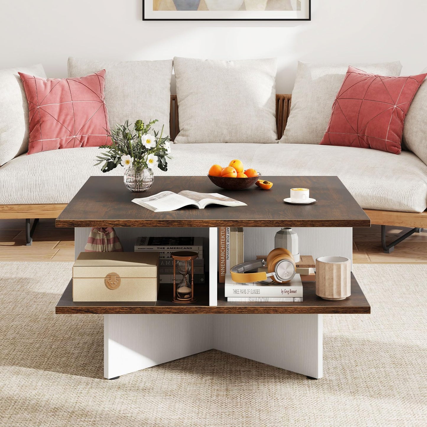 2-Tier Industrial Wooden Square Coffee Table with 4 Storage Shelves
