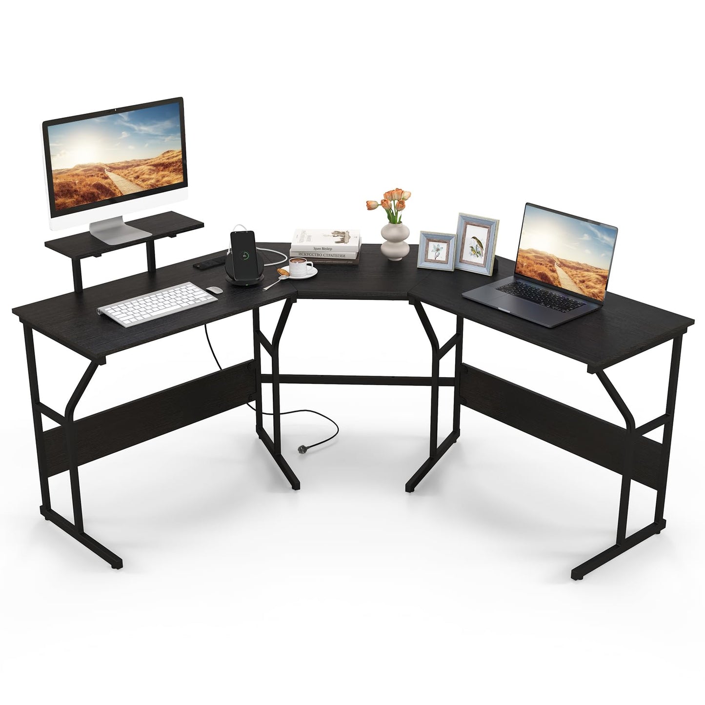 L-Shaped Computer Desk, 225cm Convertible Double Study Writing Workstation