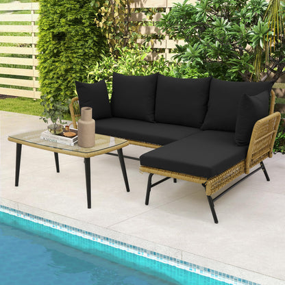 3 Pieces L Shaped Patio Conversation Set with Cushions & Tempered Glass Table