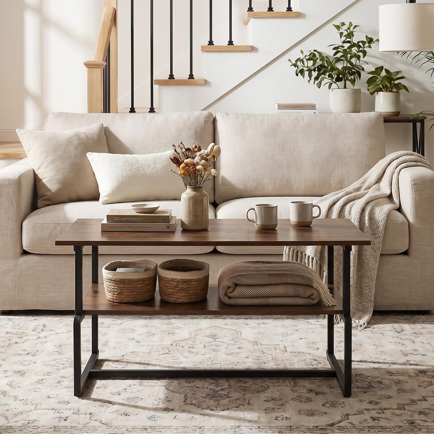 2-Tier Coffee Table, Industrial Rectangle Cocktail Center Table with Storage Shelf
