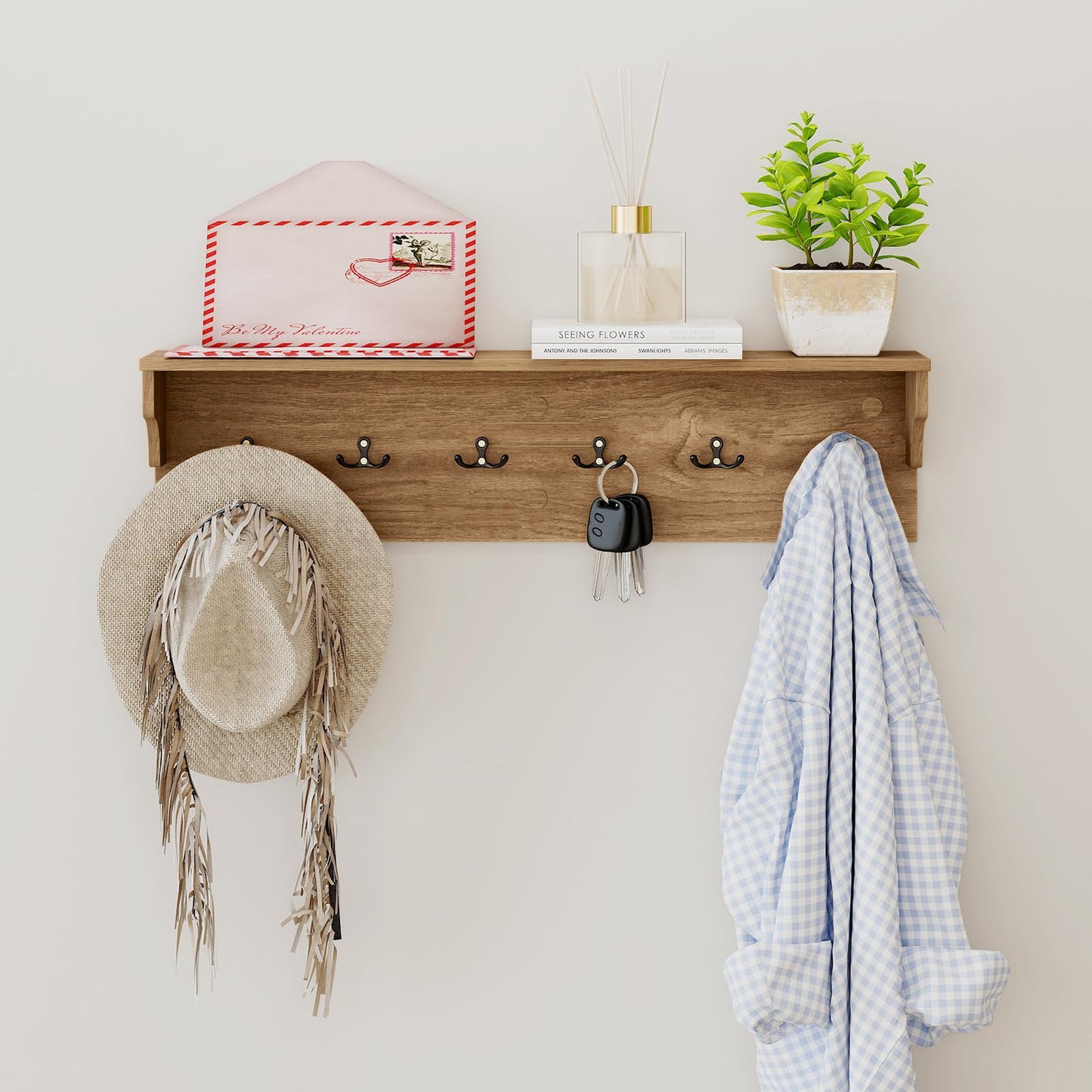 Wall-Mounted Coat Rack with Shelf, 80cm Wooden Wall Shelf Clothes Hanger