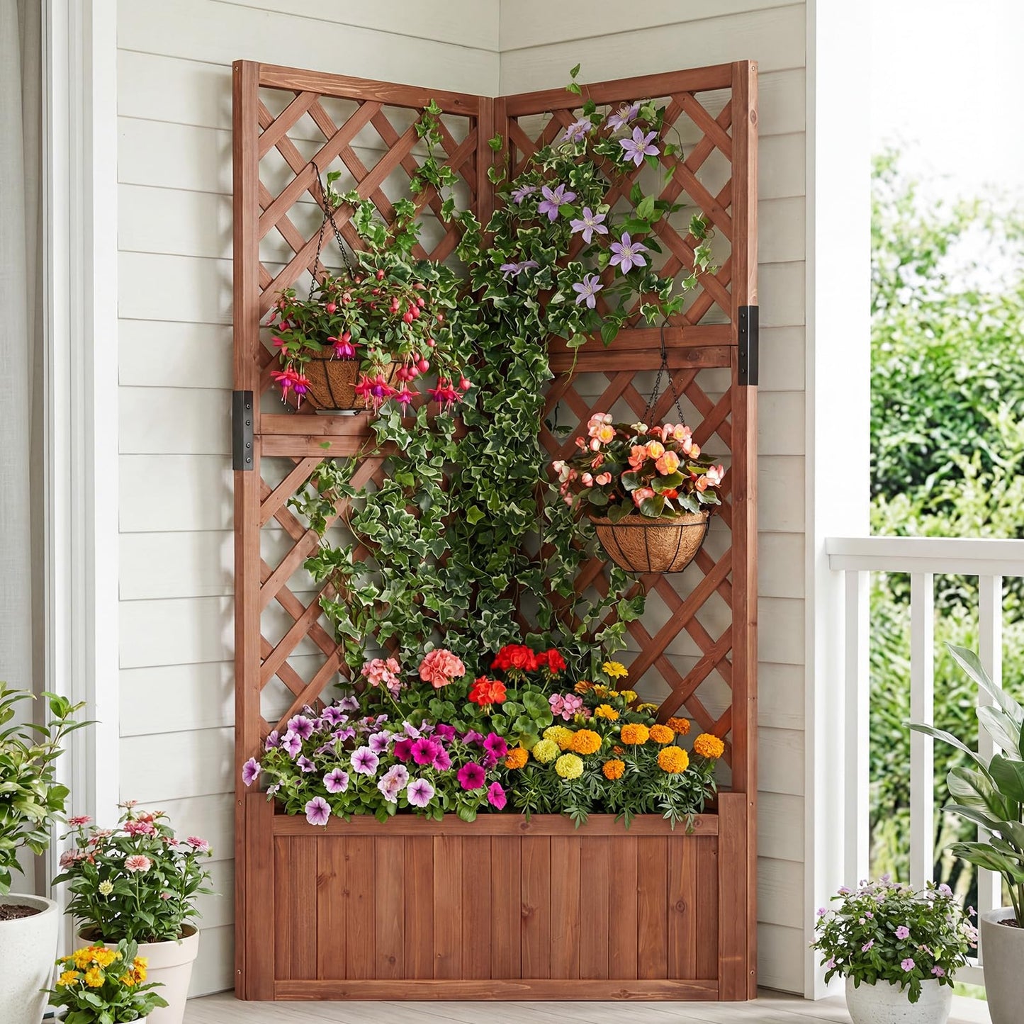 Wooden Planter with Trellis, Corner Raised Garden Bed with Drainage Holes