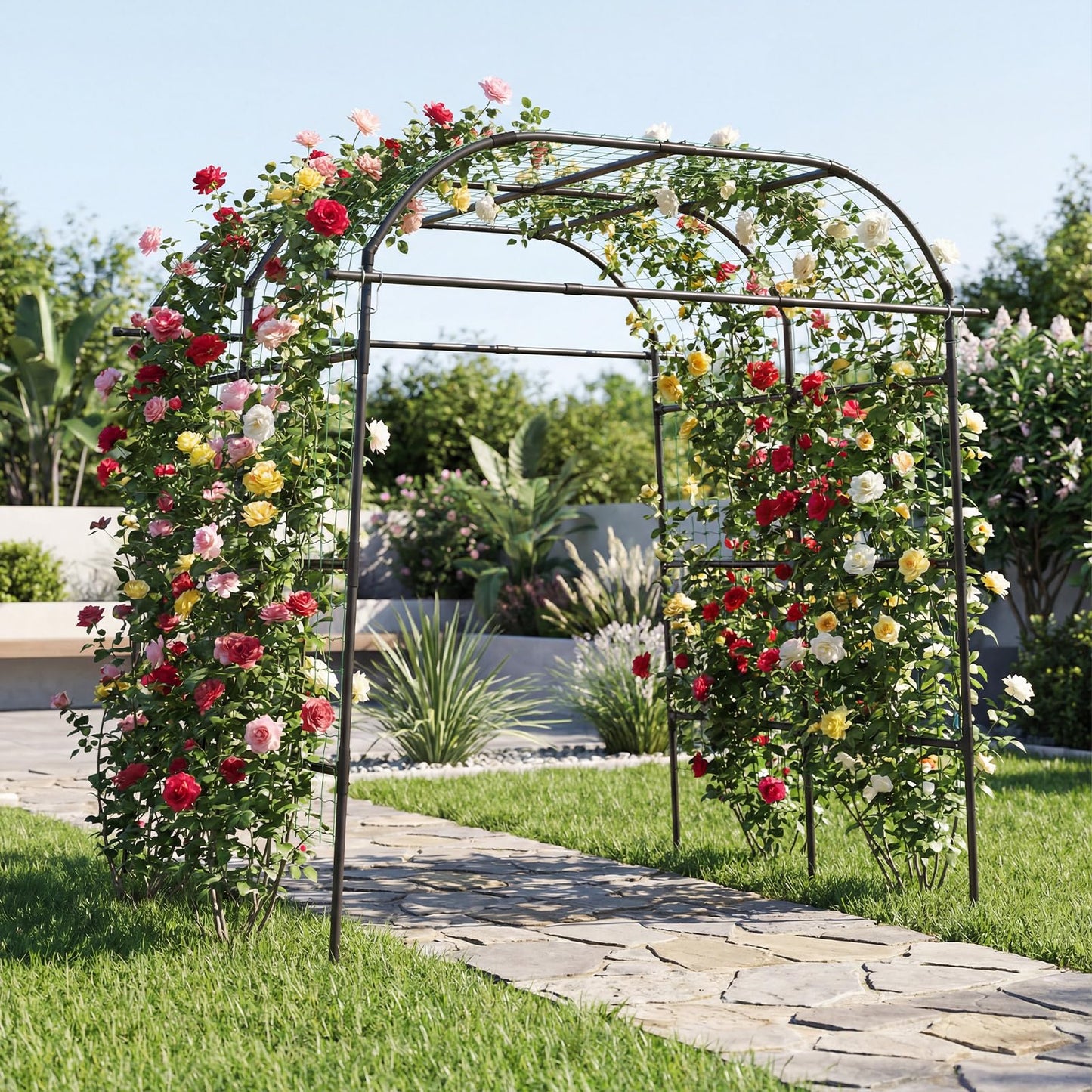 7.5FT/230CM Garden Arch Trellis, Large Plant Archway Tunnel with Netting