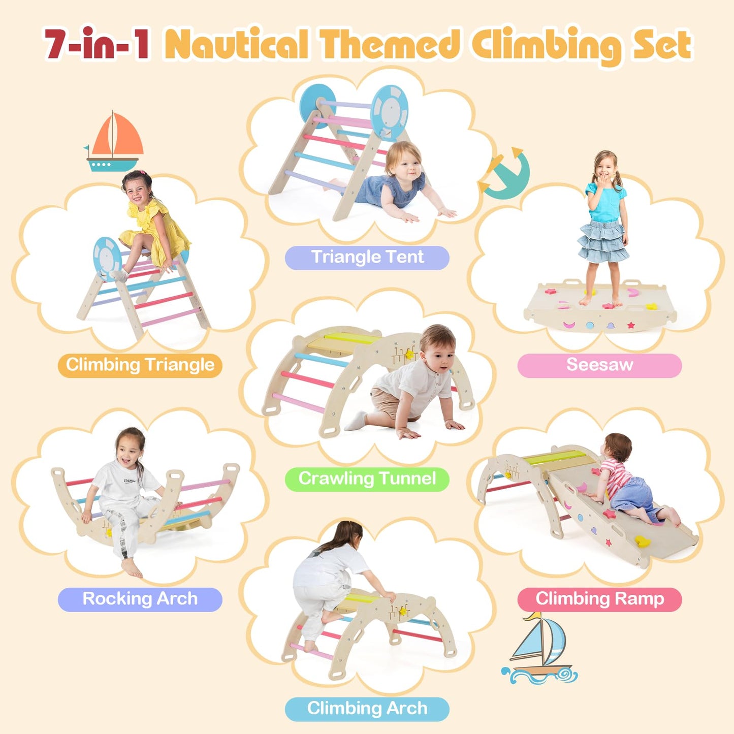 7 in 1 Kids Climbing Frame, Wooden Toddler Climbing Set with Reversible Ramp