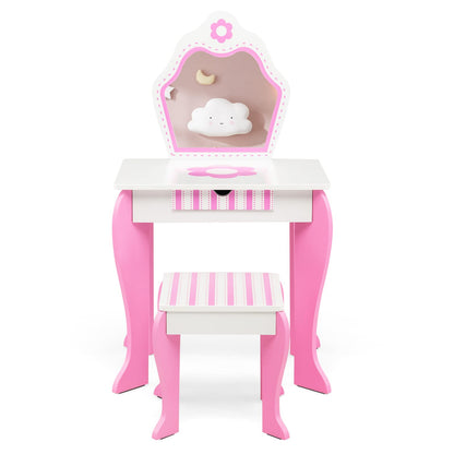 Kids Vanity Table and Stool Set with Mirror and Drawer