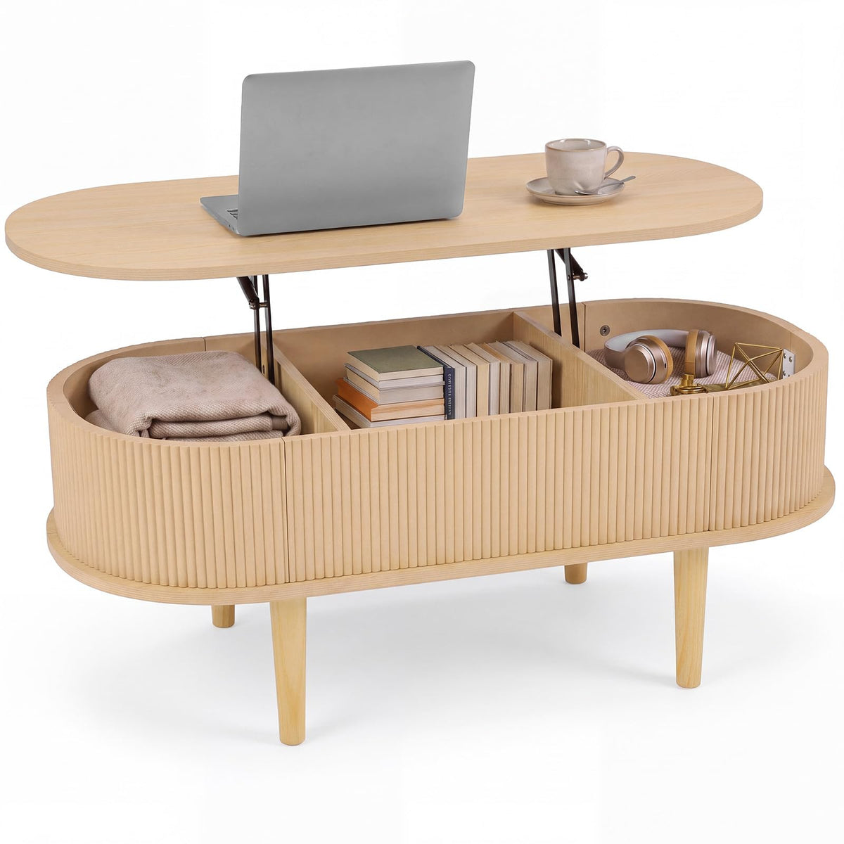 Oval Lift Top Coffee Table with Storage Fluted Design and Raised Wood Feet