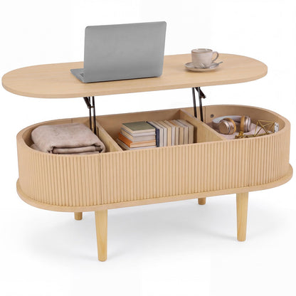 Oval Lift Top Coffee Table with Storage Fluted Design and Raised Wood Feet