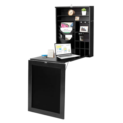 Folding Wall Mounted Drop-Leaf Table, Space Saving Floating Computer Desk with Chalkboard and Adjustable Storage Shelves