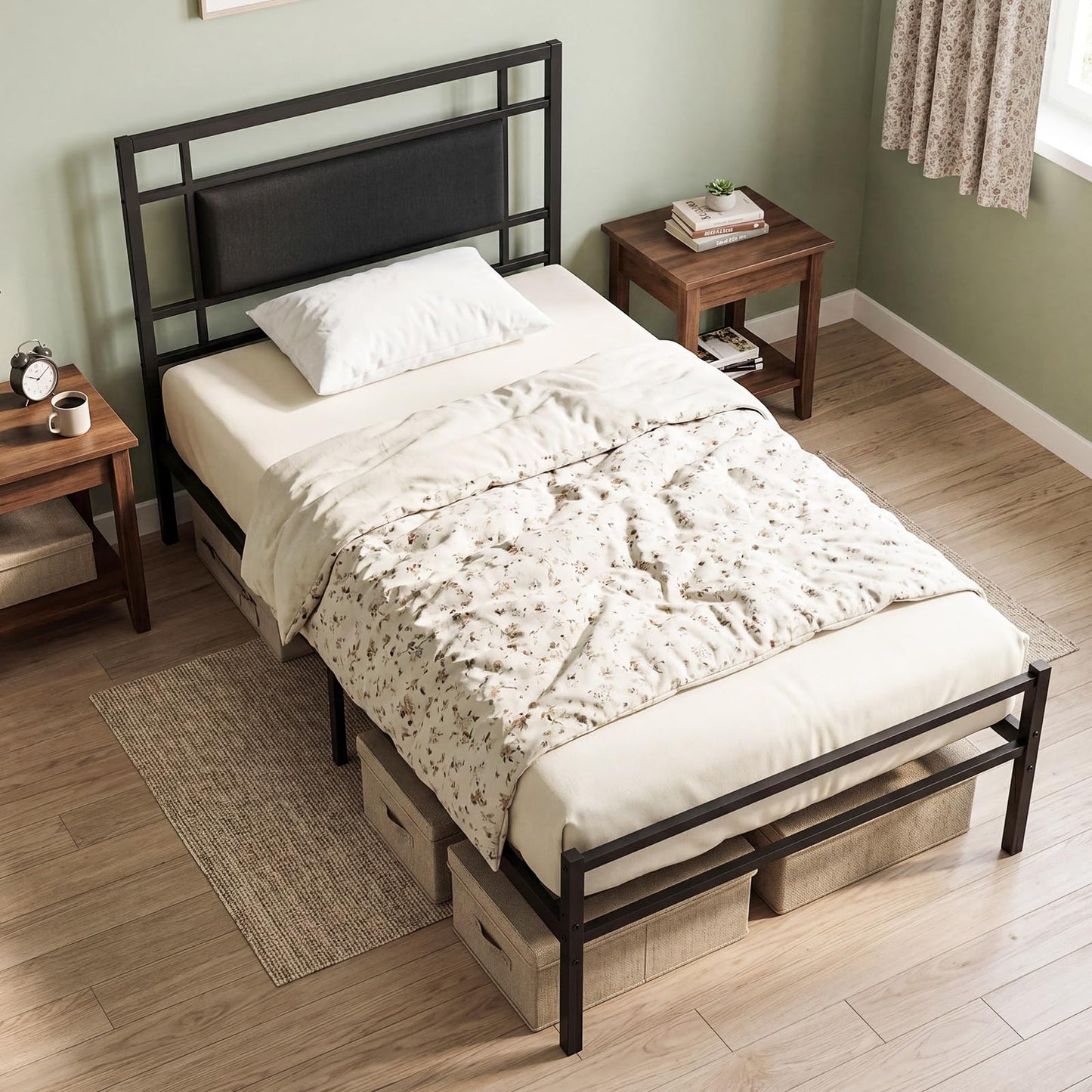 3ft Single Bed Frame, Metal Platform Bed Base with Upholstered Headboard and Underbed Storage
