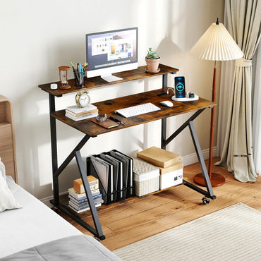 Mobile Computer Desk with Power Outlets Monitor Stand and Storage Shelf