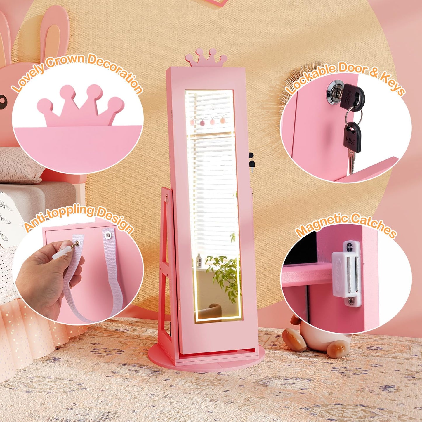 3 In 1 Kids Jewelry Cabinet 360° Swivel Jewelry Armoire with Mirror