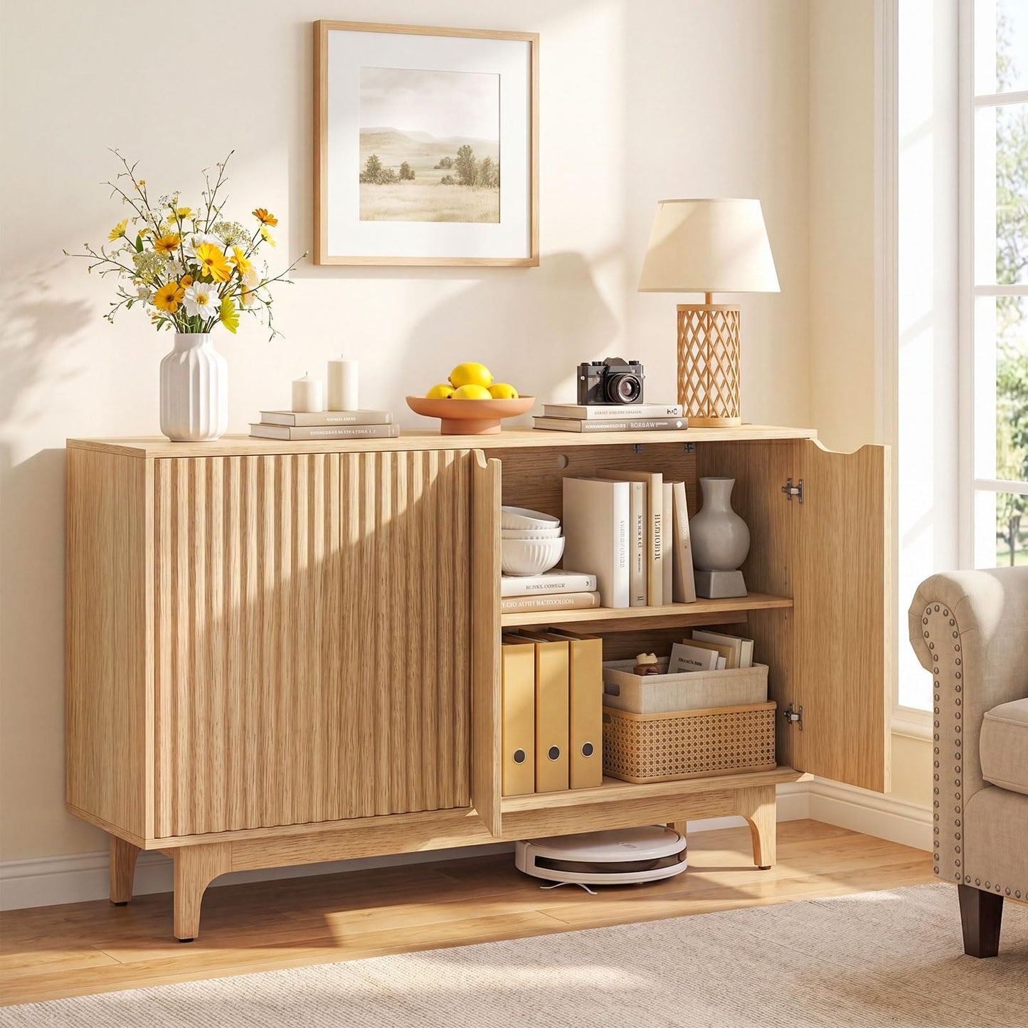 Kitchen Sideboard, Fluted Wooden Storage Cabinet with Adjustable Shelves