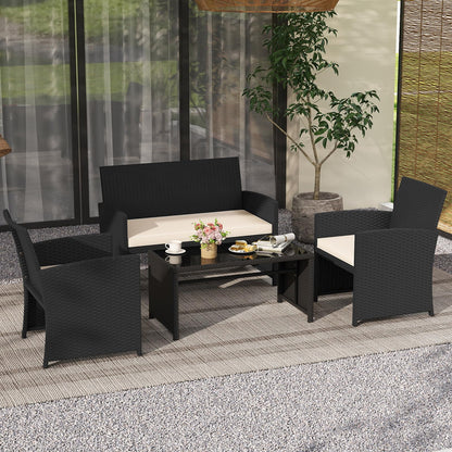 4 Piece Patio Rattan Conversation Set Wicker Loveseat Armchairs
