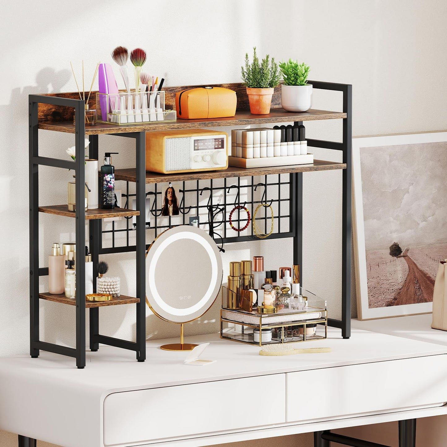 Desktop Bookshelf with 4 Open Storage Shelves for Computer Monitor Up to 32 Inch