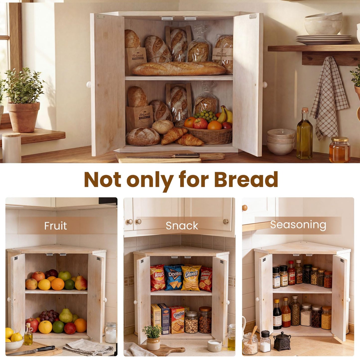 Corner Bread Box for Kitchen Counter, Bamboo Double Layer Breadbox Organizer with Adjustable Shelf