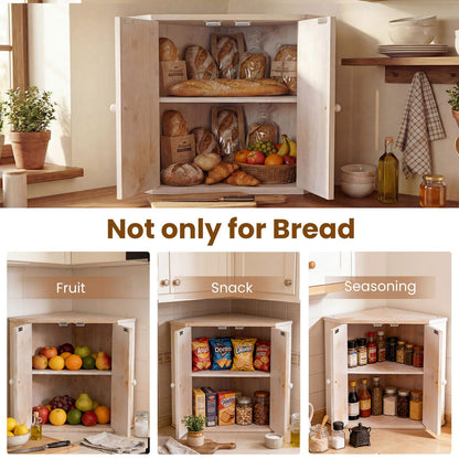 Corner Bread Box for Kitchen Counter, Bamboo Double Layer Breadbox Organizer with Adjustable Shelf