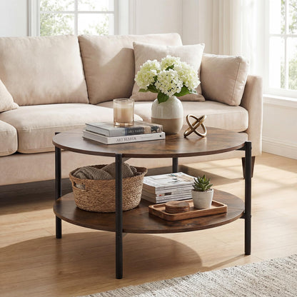 2-Tier Industrial Round Coffee Table with Open Storage Shelf