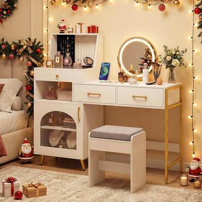 Dressing Table with 3-Color LED Lights Swivel Mirror and Stool