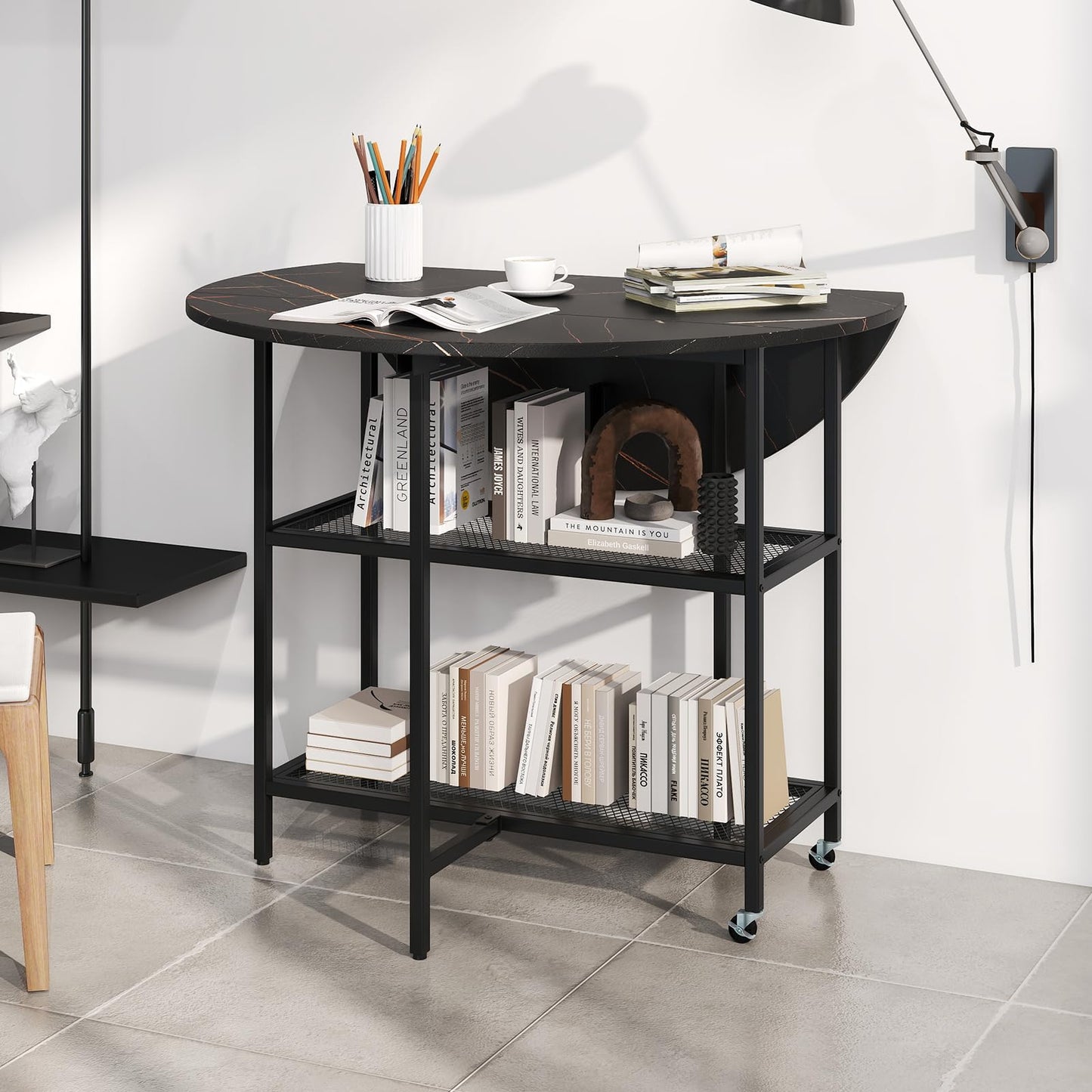 Round Drop Leaf Table with 2 Mesh Shelves & 2 Lockable Wheels