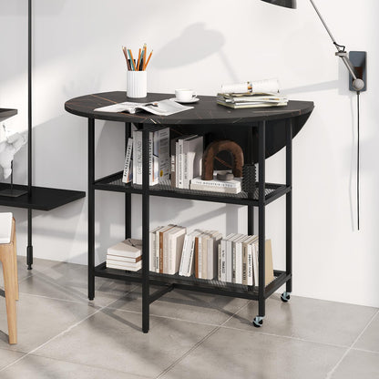 Round Drop Leaf Table with 2 Mesh Shelves & 2 Lockable Wheels