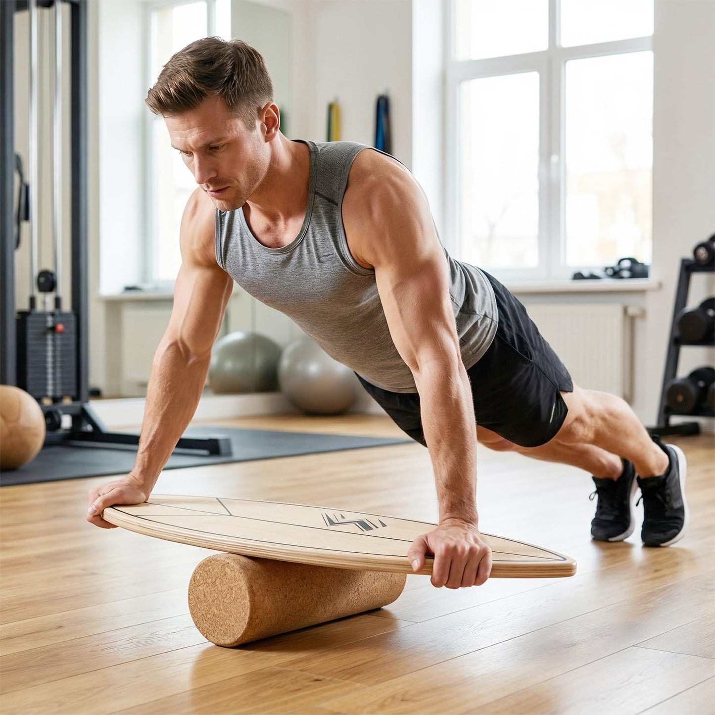 Wooden Balance Board, Surfing Skate Balance Trainer with Roller