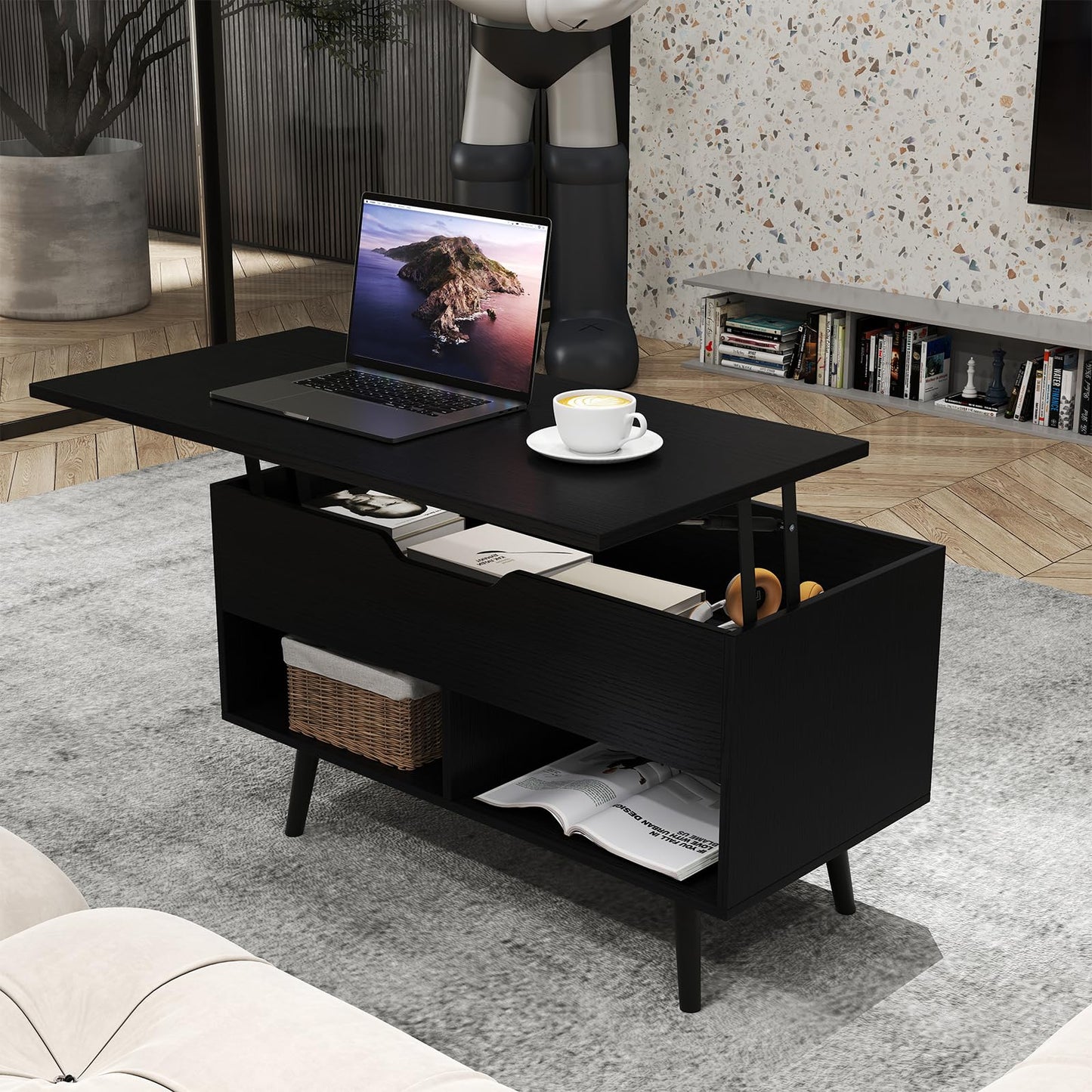 Lift Up Top Coffee Table with Hidden Storage Compartment and Open Shelf