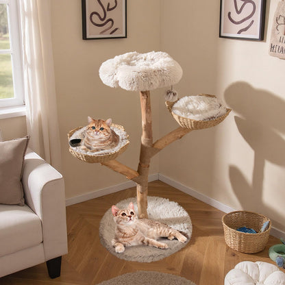 122 CM Tall Real Wood Branch Kitten Tower with Flower Perch and 2 Wicker Baskets