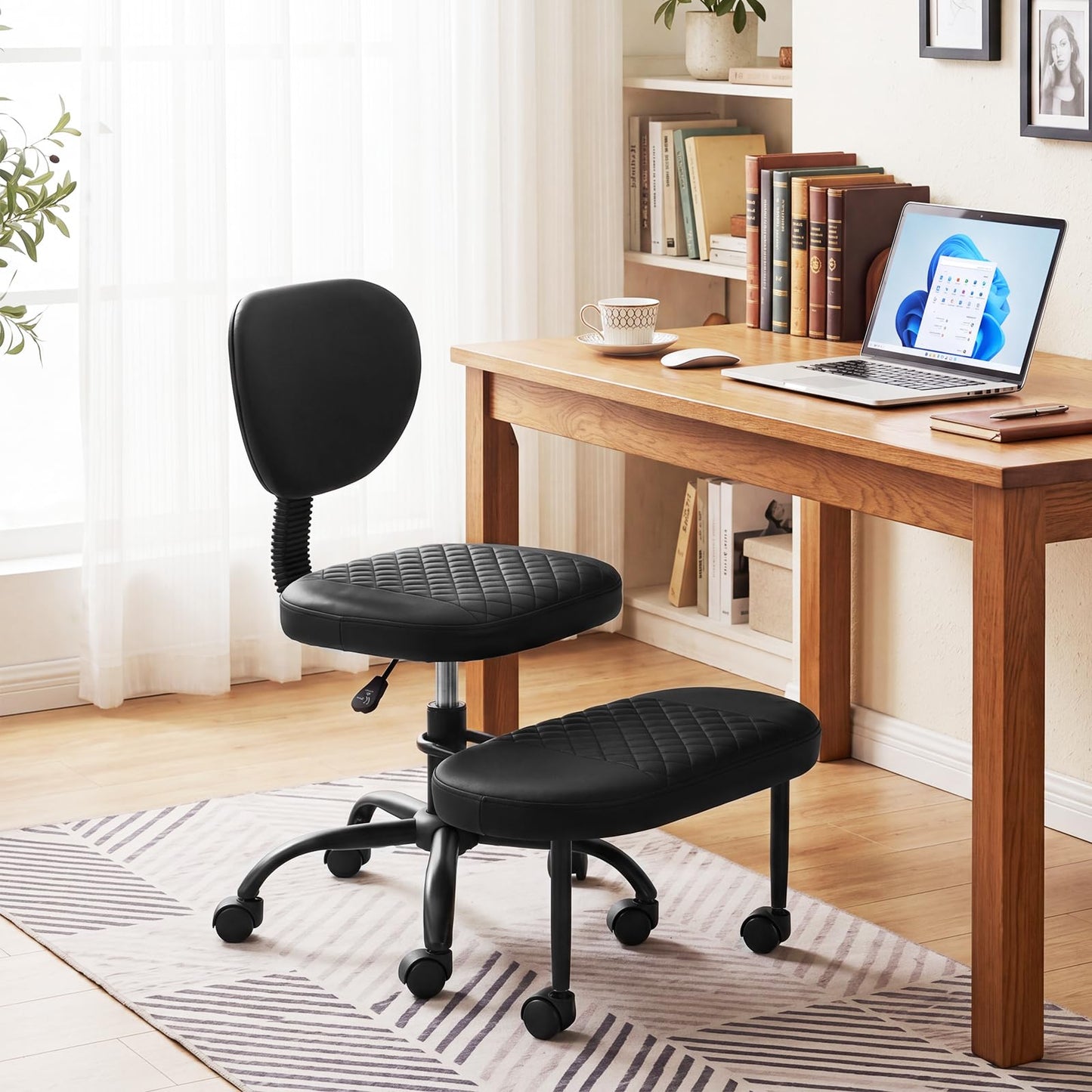 Ergonomic Cross Legged Office Chair with Wheels, Black