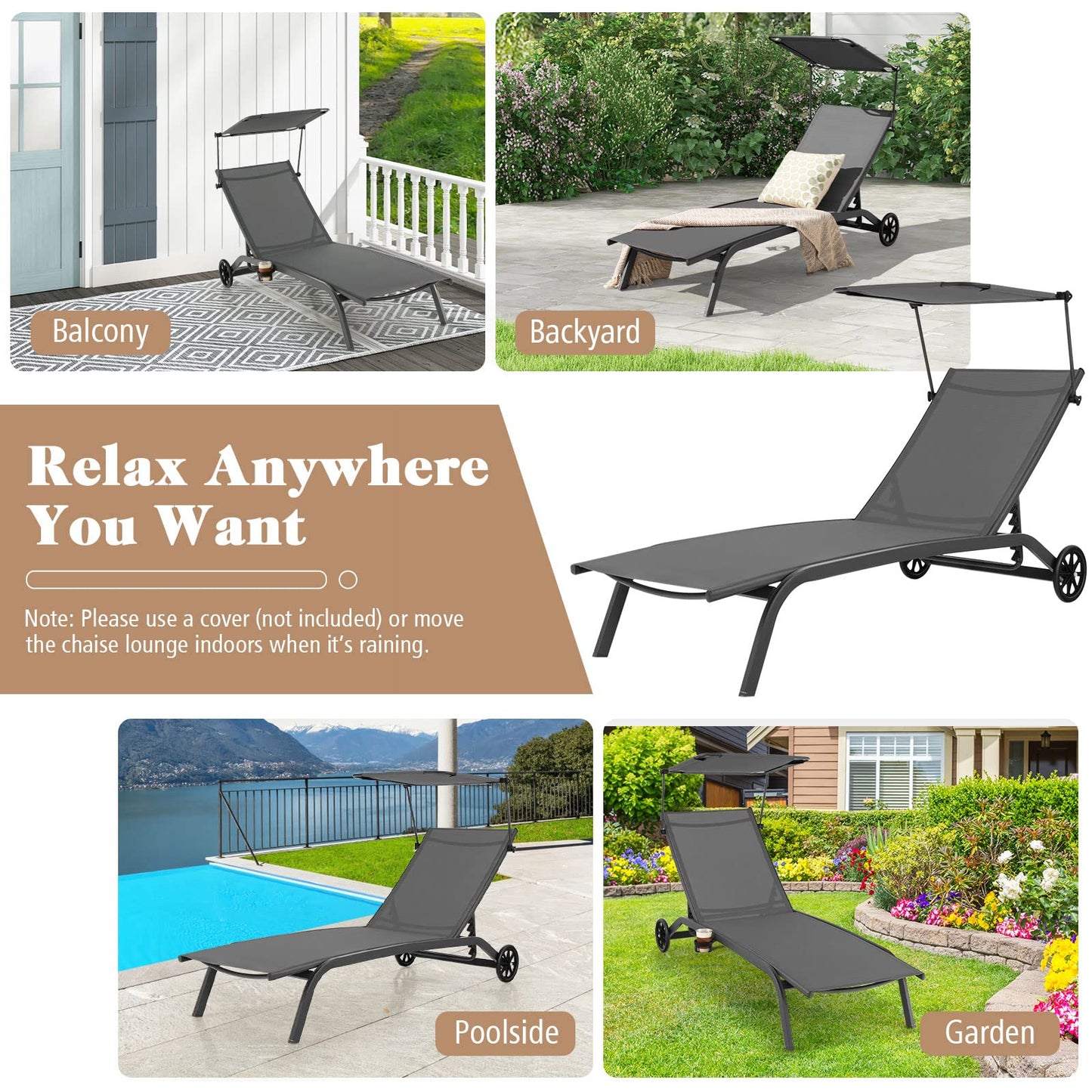 Adjustable Chaise Lounge Deck Sunbed with Rotatable Canopy and Cup Holder