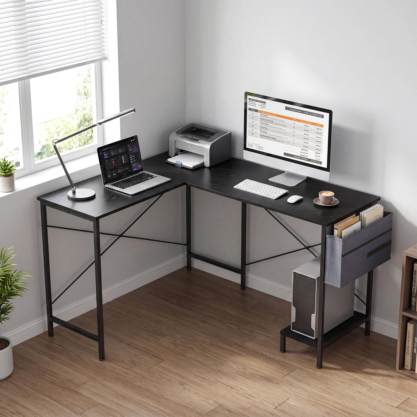 L-Shaped Computer Desk, Metal Frame Reversible Double Study Writing Workstation