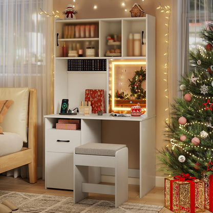 Dressing Table with LED Mirror and Stool, Wooden Makeup Table Vanity Desk Set