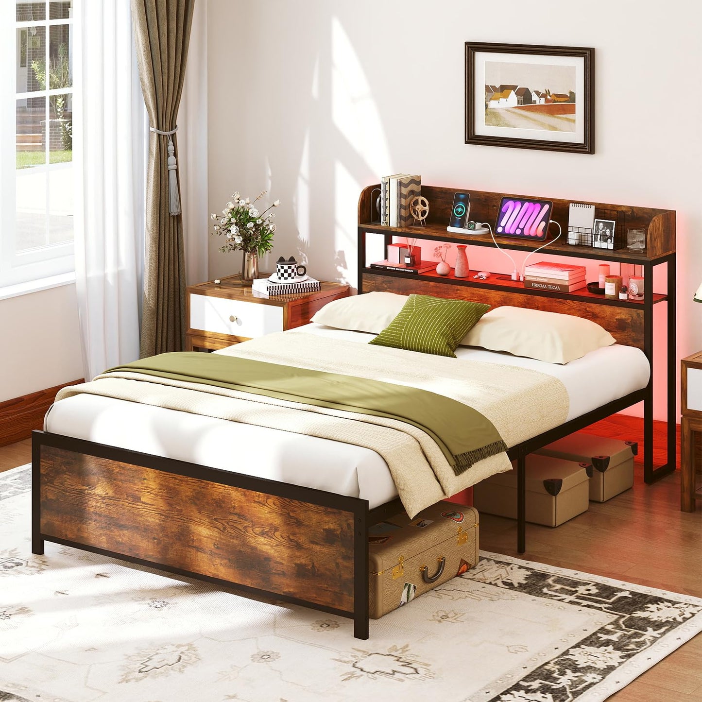 Double Bed Frame with LED Lights and Power Outlets with Storage Headboard