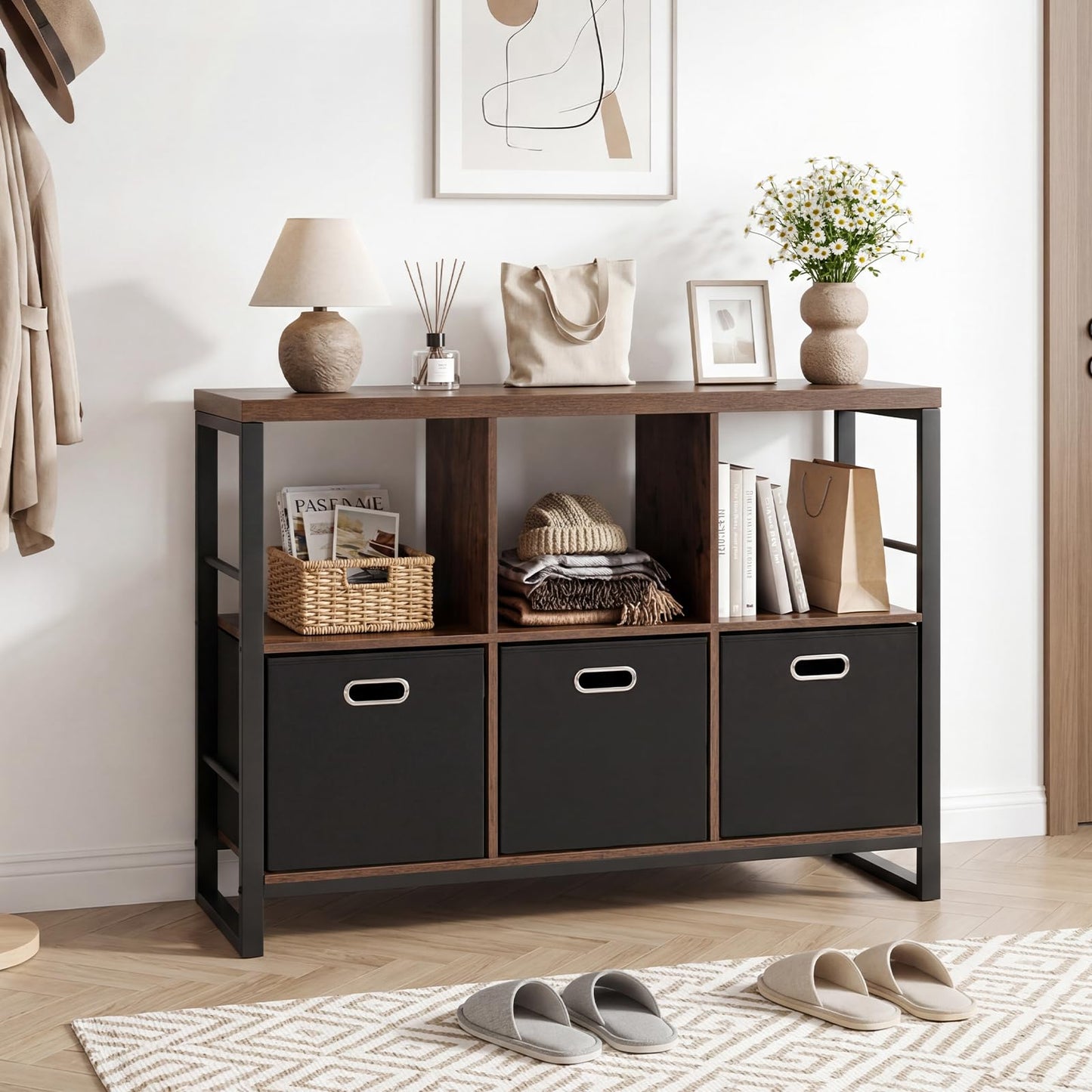 6 Cube Storage Organizer with 3 Storage Bins Sturdy Metal Frame and 3 Open Shelves