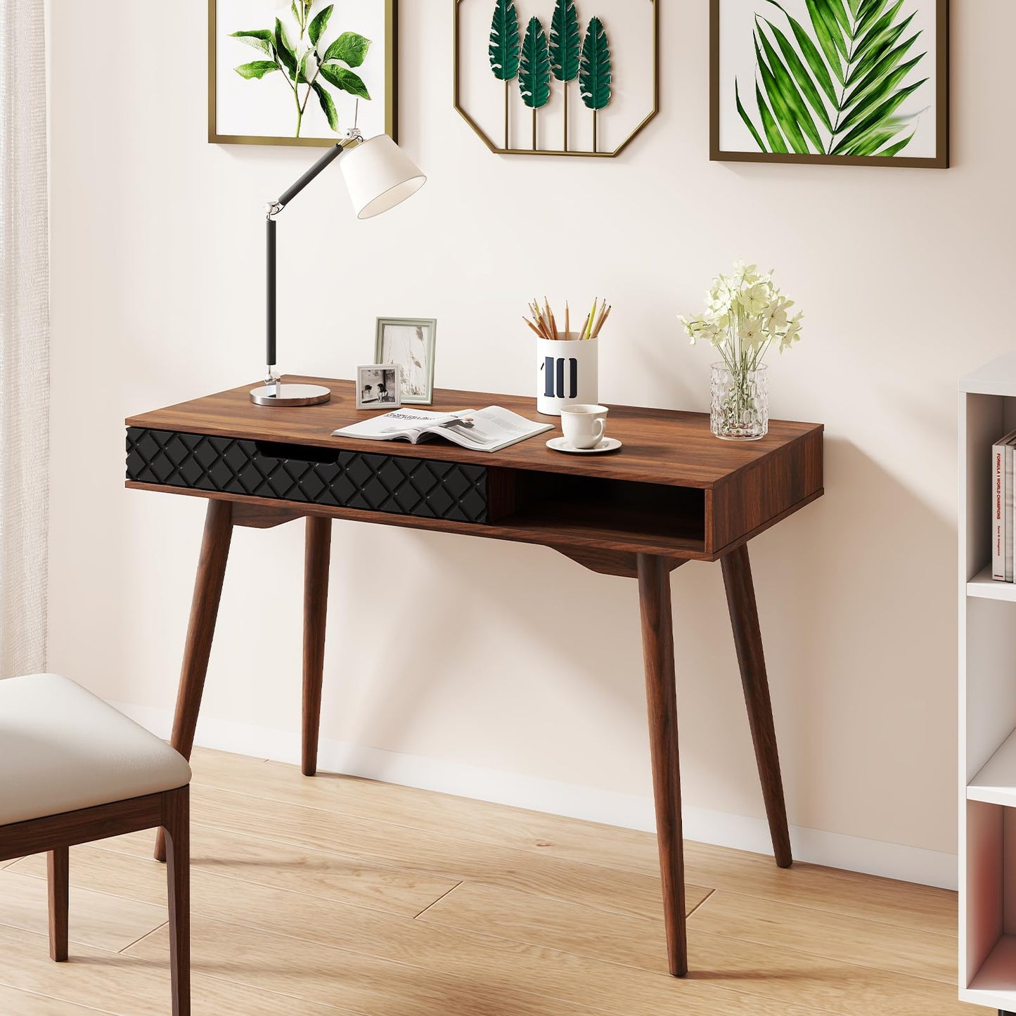 Wooden Computer Desk, 108cm Mid-Century PC Laptop Table Writing Workstation