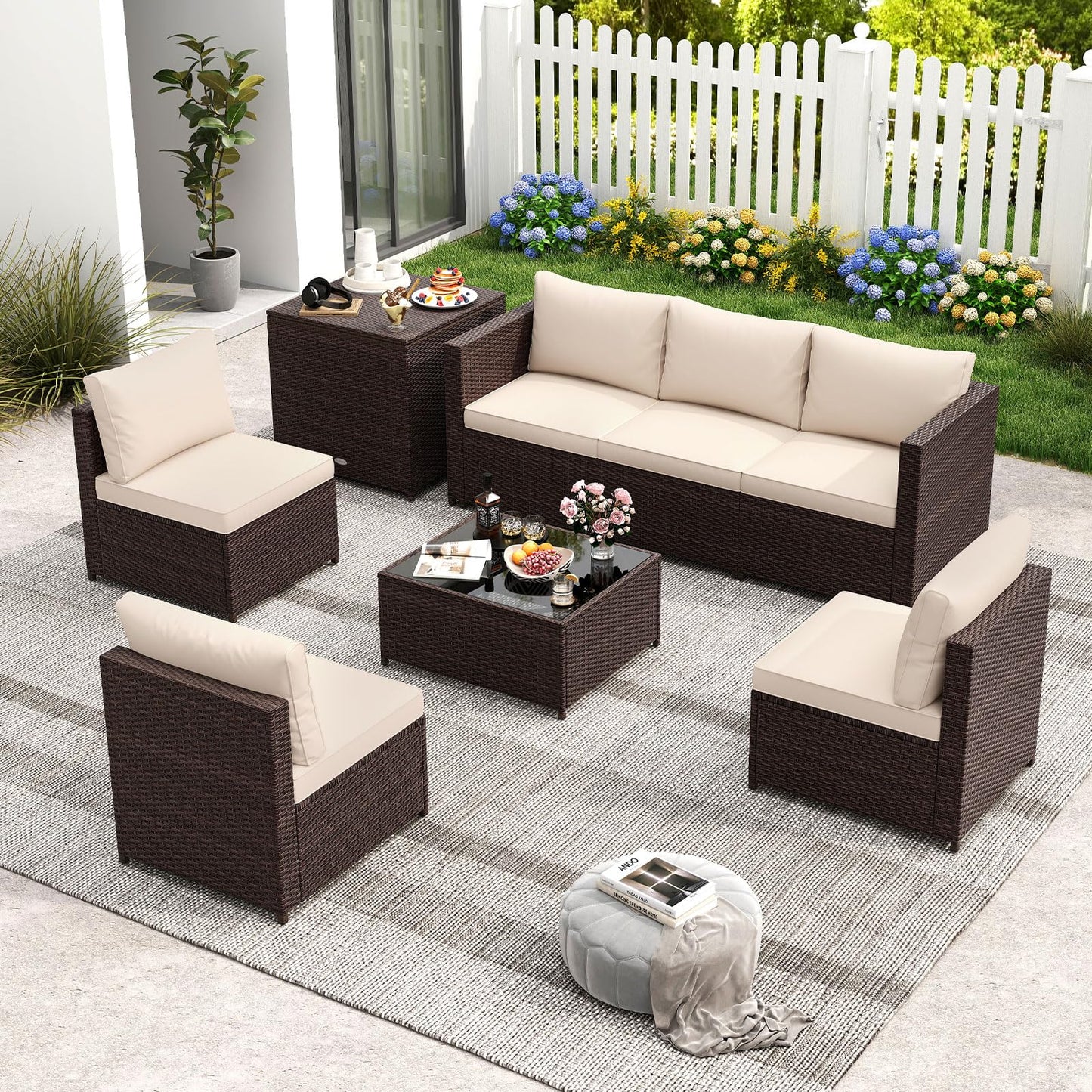 8 PCS Garden Rattan Corner Patio Conversation Sofa Set with Tempered Glass Coffee Table