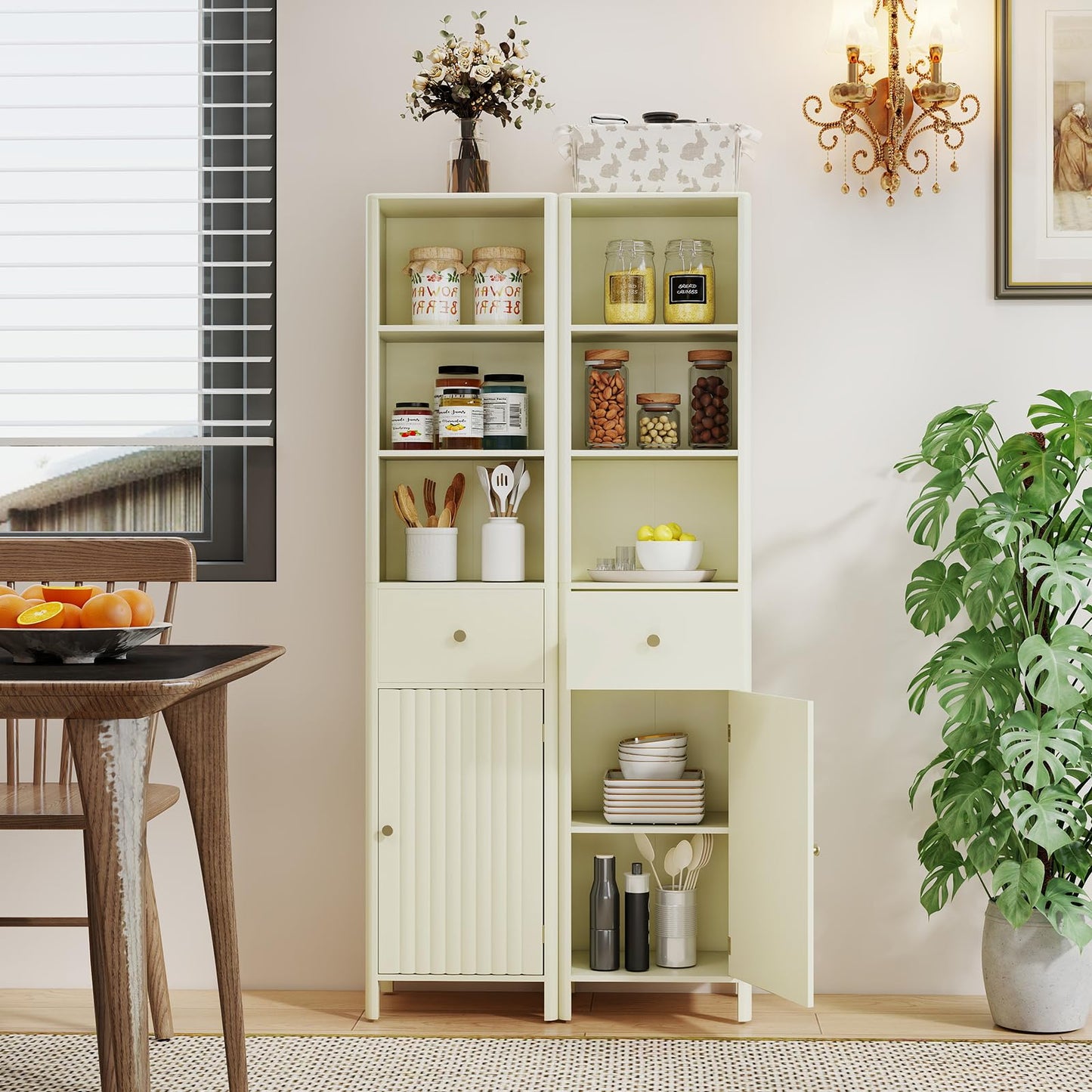 170cm Tall Bathroom Cabinet with Fluted Door and 1 Drawer 3 Open Shelves