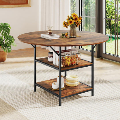 Dining Table for 4-6 People, Round Wooden Kitchen Tables with Storage Shelves