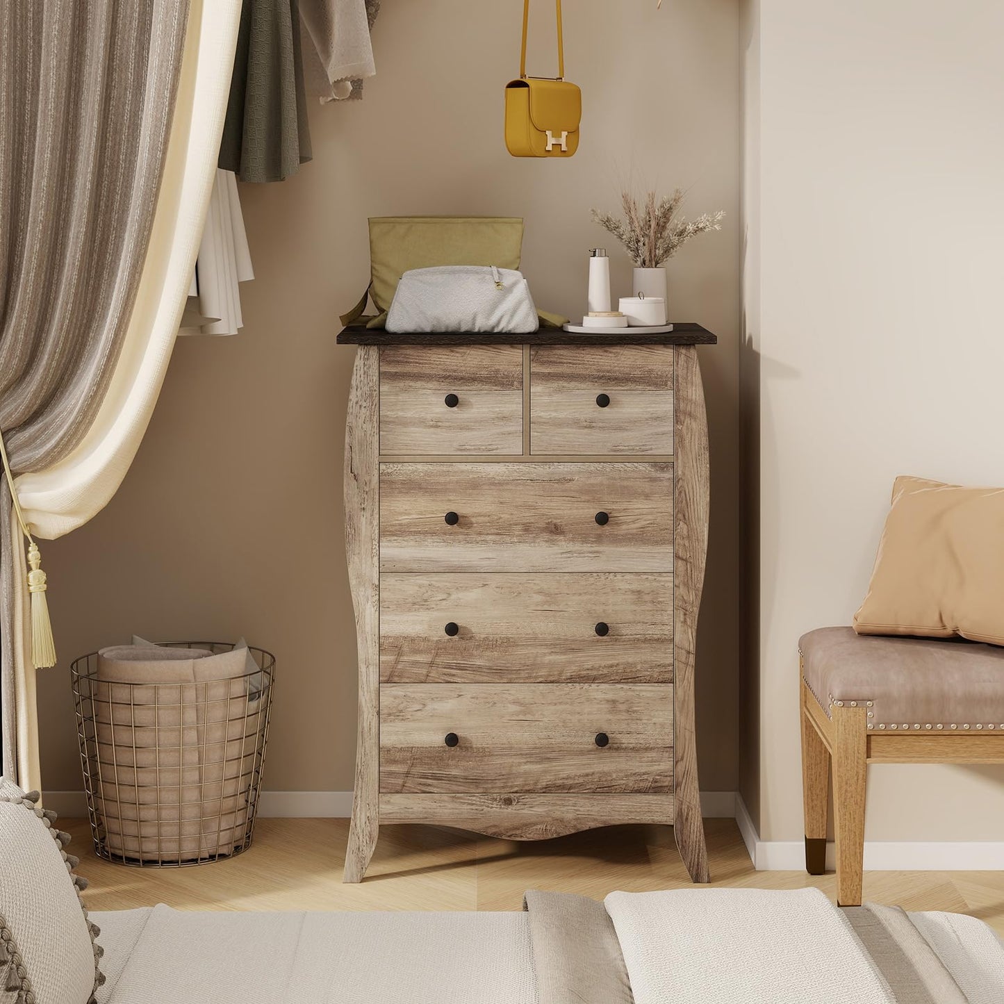 Farmhouse Chest of Drawers with 5 Folding Fabric Drawers and Anti-tipping Kit