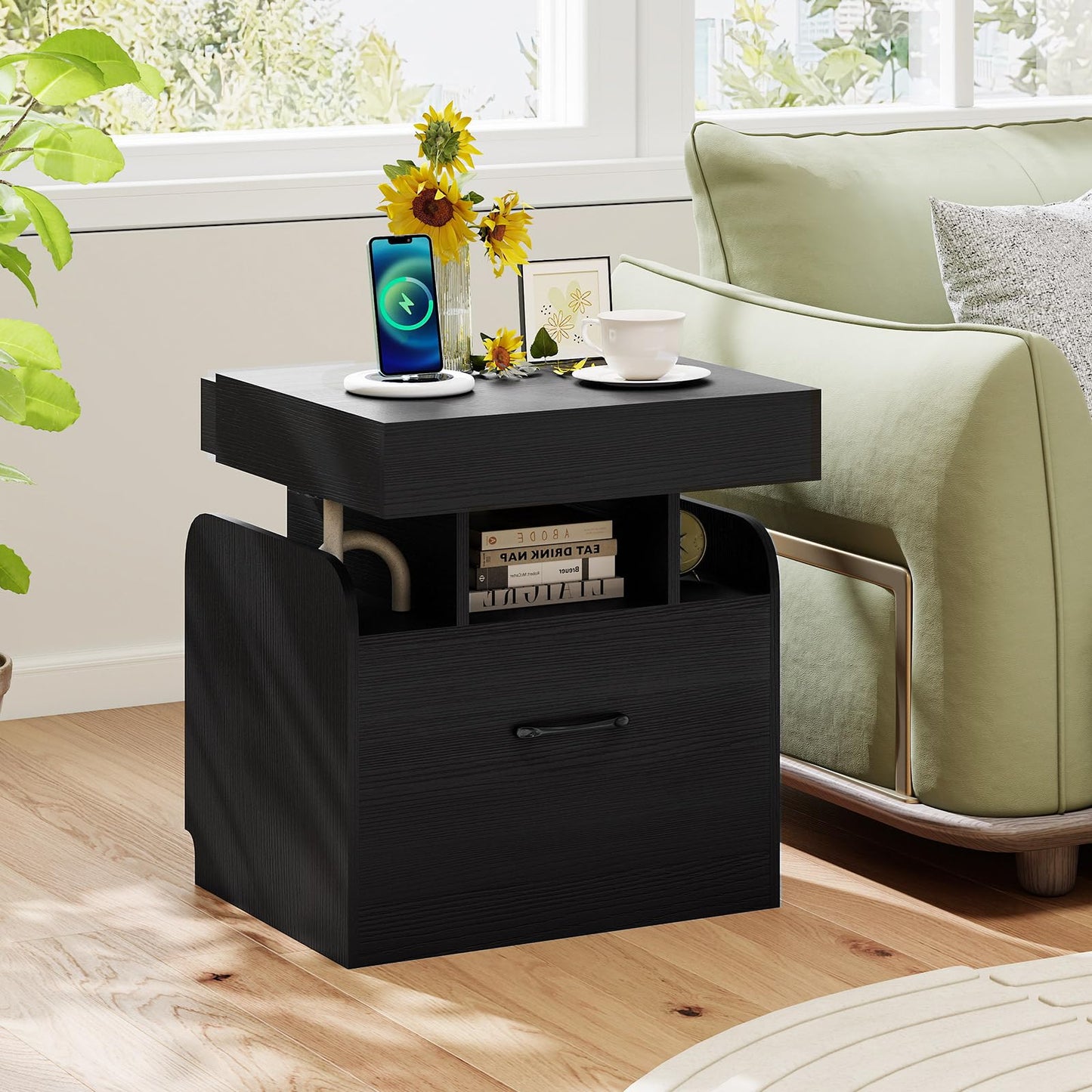 Nightstand with Charging Station with Drawer and Sliding Top Storage