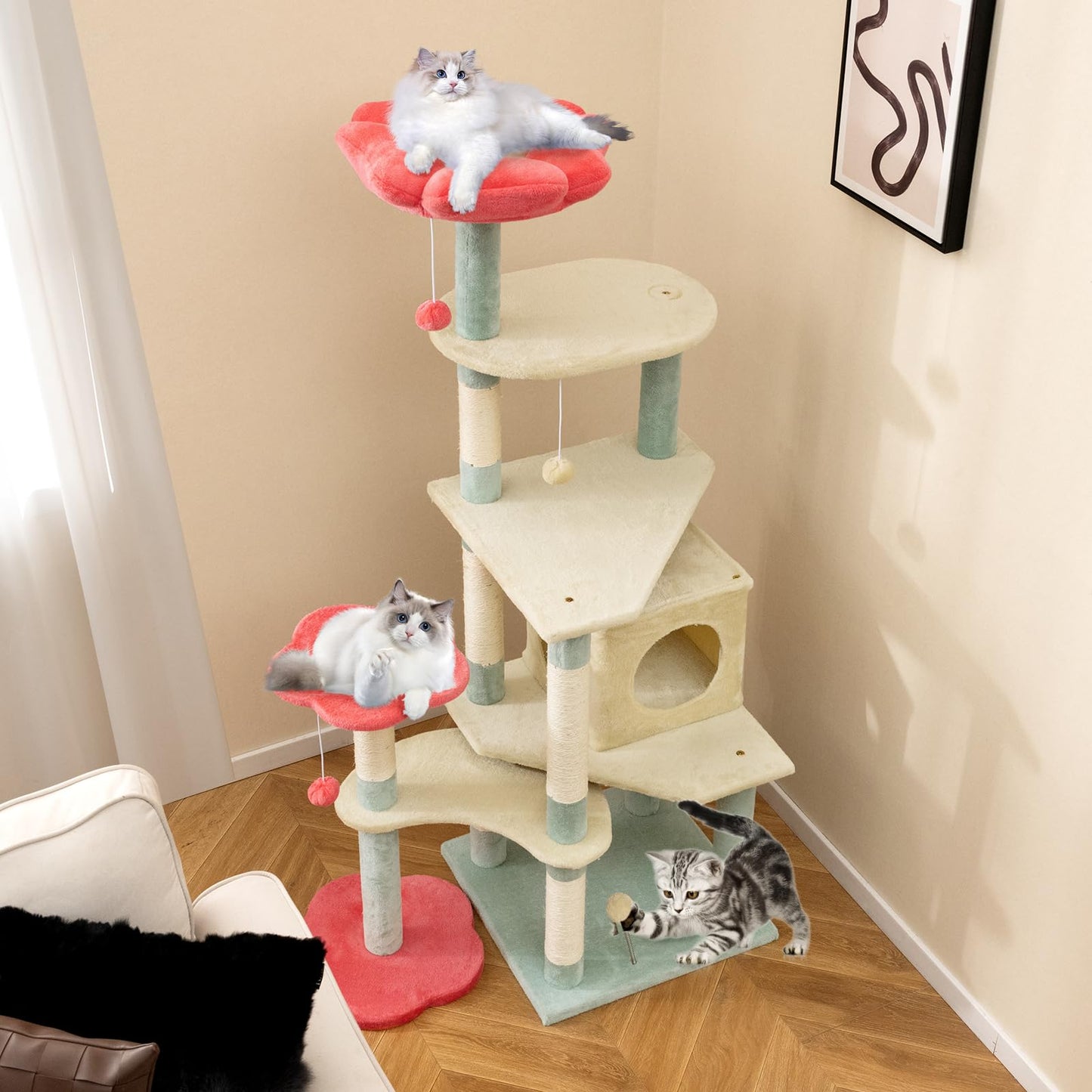 Multi-Level Aesthetic Floral Kitten Tower with Flower-Shaped Padded Perch