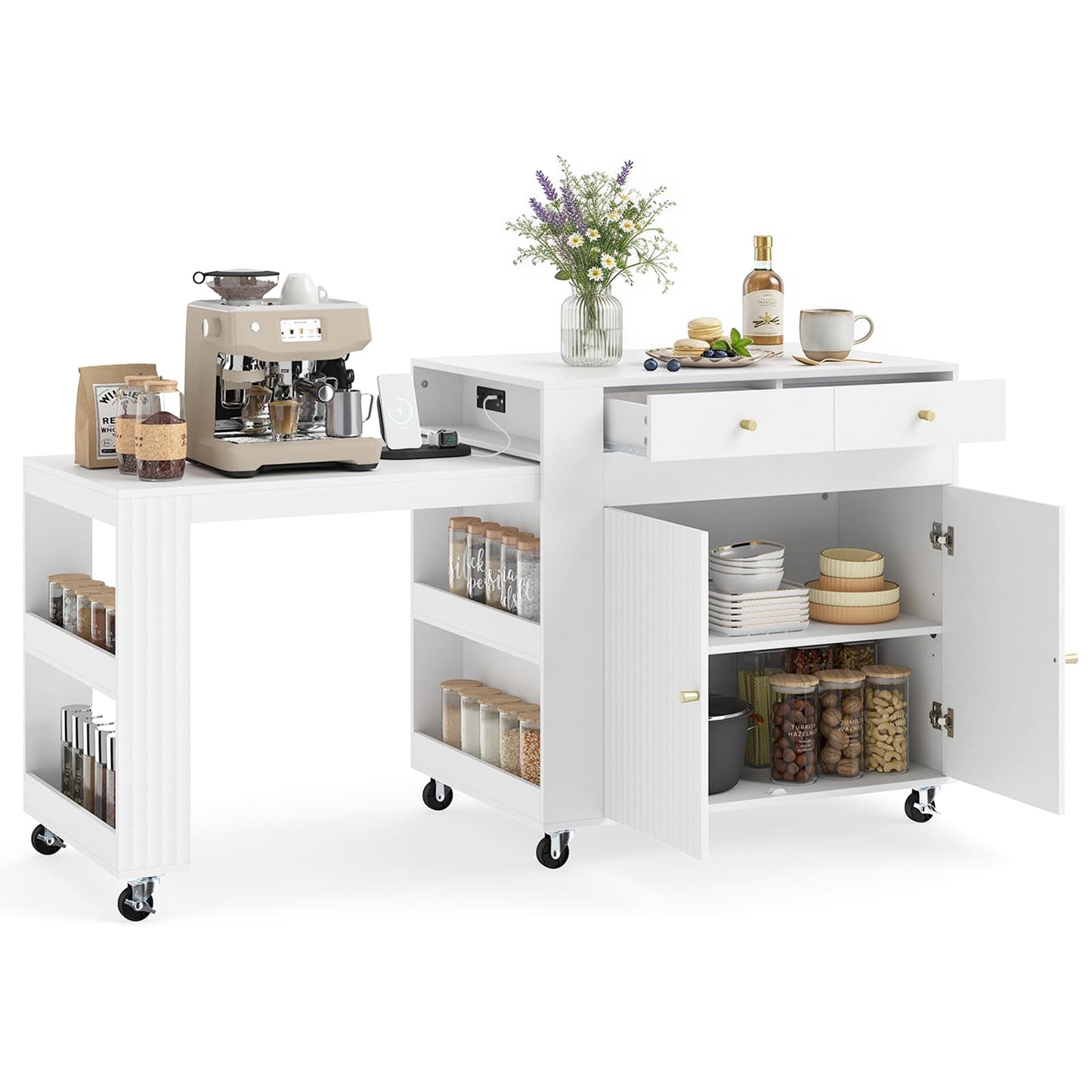 180cm Kitchen Island on Wheels with Extendable Table & Power Outlet