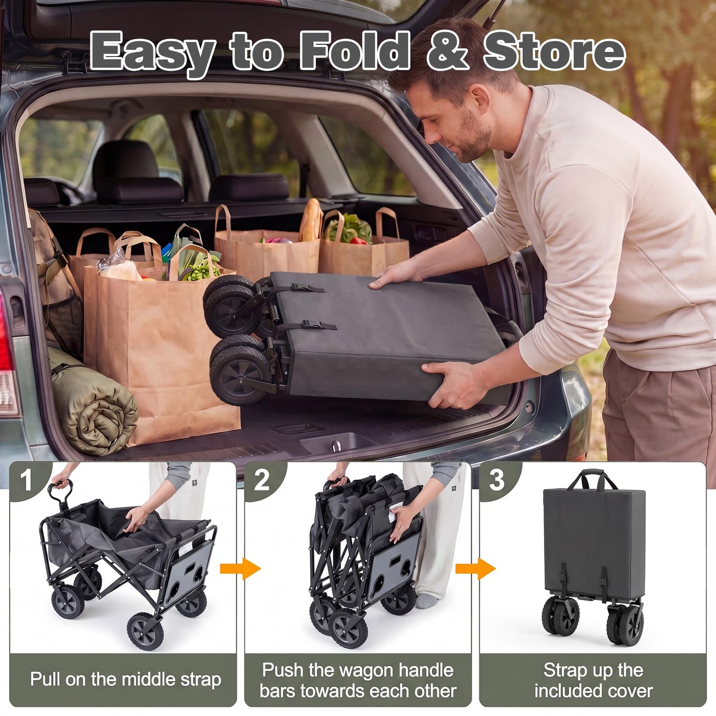 Collapsible Wagon Cart with Flexible Handle and Cup Holders