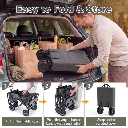 Collapsible Wagon Cart with Flexible Handle and Cup Holders