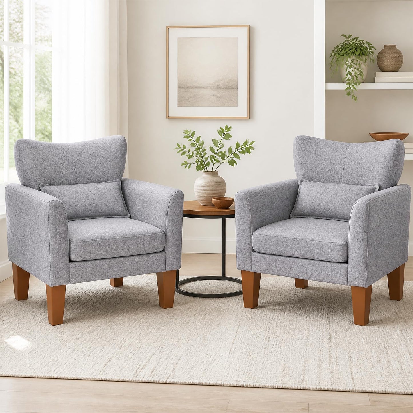 Wingback Armchair, Linen Fabric Accent Chair with Pillow