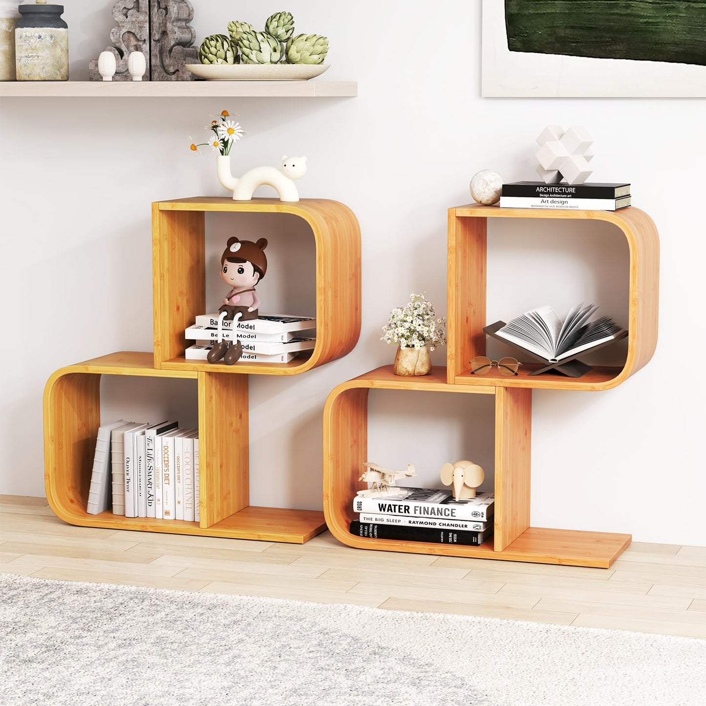 S Shaped Bookcase Bamboo Bookshelf Decorative Storage Organizer