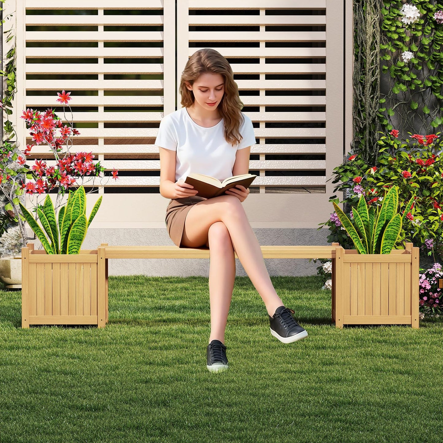3-in-1 Wooden Planter with Bench, Raised Garden Bed with Seat and Open-ended Bottom