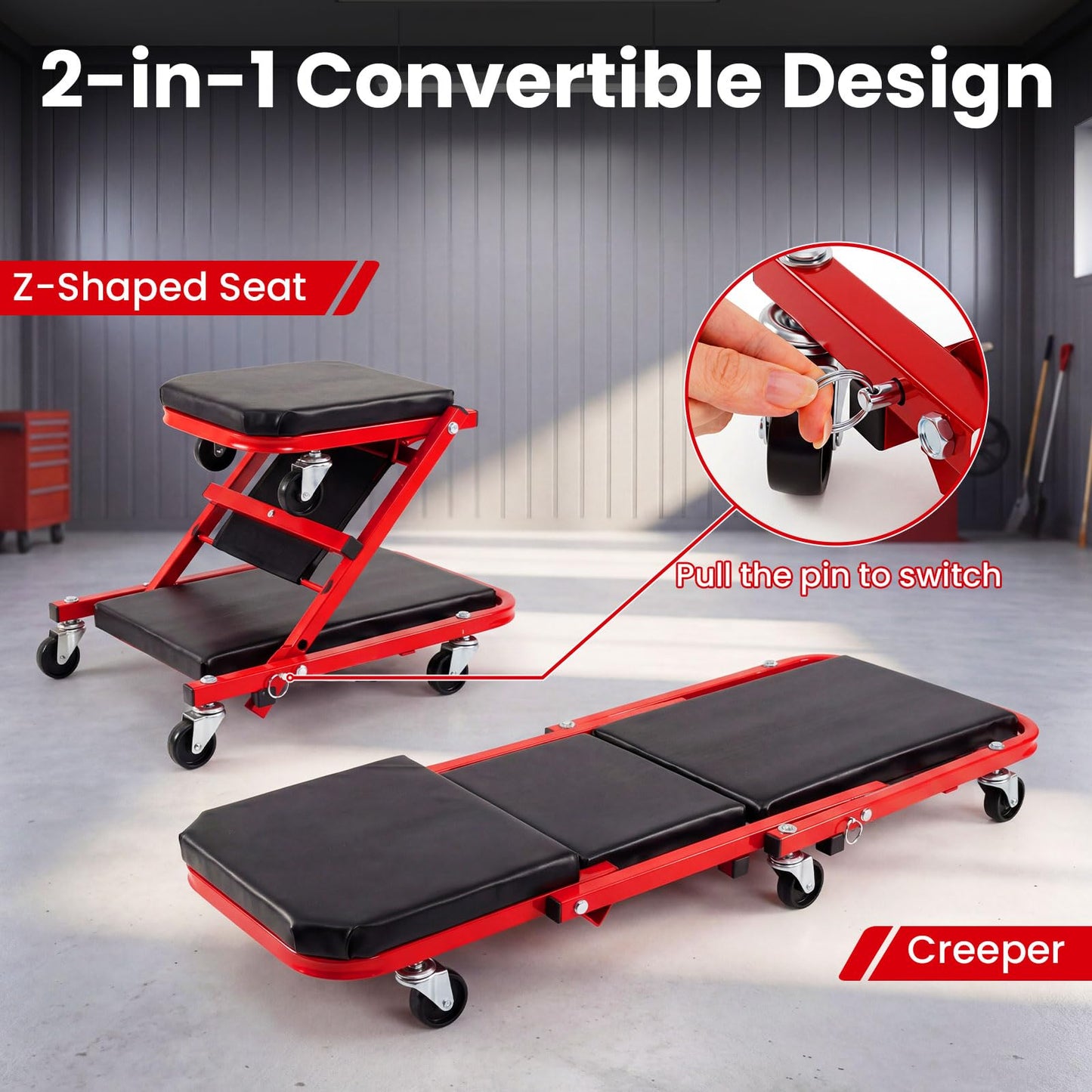 2-in-1 Rolling Folding Z Creeper Seat 36 Inch Roller Garage Chair with 6 Swivel Casters