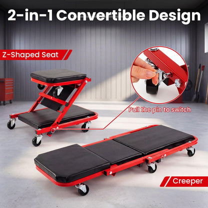 2-in-1 Rolling Folding Z Creeper Seat 36 Inch Roller Garage Chair with 6 Swivel Casters